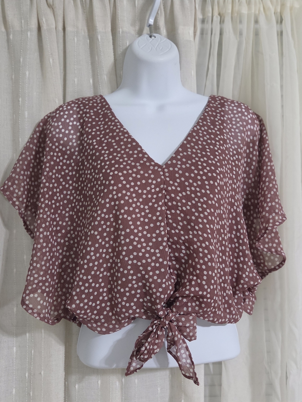 Express Mauve Polka Dot Tie-Front Crop Top
